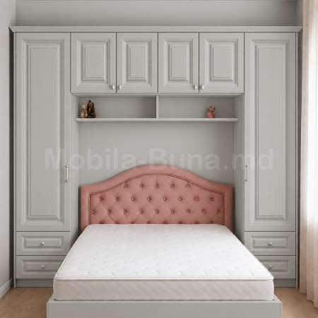 Mobilier dormitor clasic gri deschis cu dulapuri în jurul patului A-33